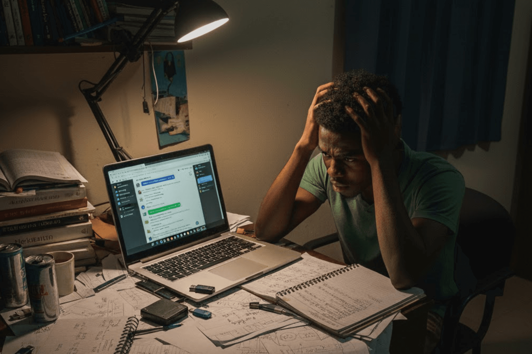 A messy desk with scattered papers and a frustrated student.